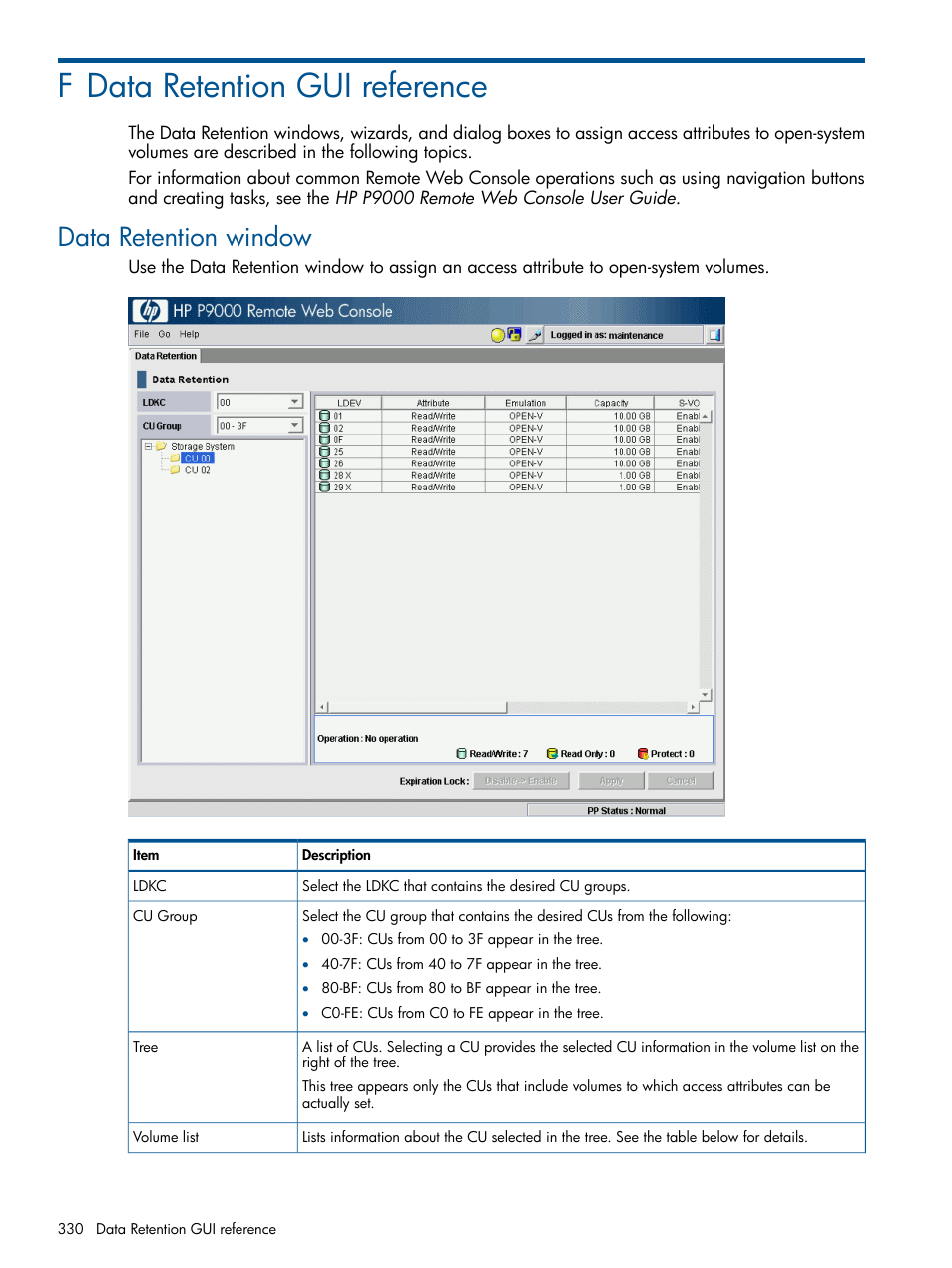 F data retention gui reference, Data retention window | HP XP P9500 Storage User Manual | Page 330 / 411