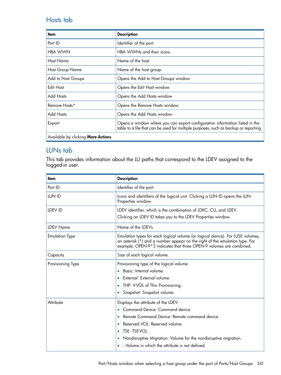 Hosts tab, Luns tab | HP XP P9500 Storage User Manual | Page 341 / 411