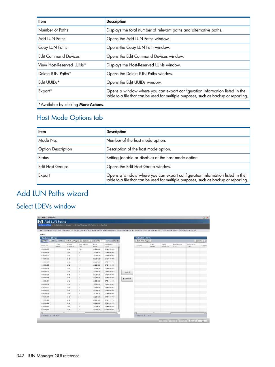 Add lun paths wizard, Select ldevs window, Host mode options tab | HP XP P9500 Storage User Manual | Page 342 / 411