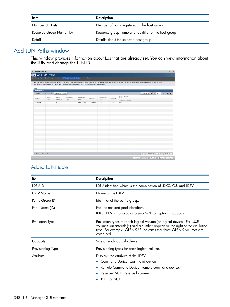 Add lun paths window, Added luns table | HP XP P9500 Storage User Manual | Page 348 / 411