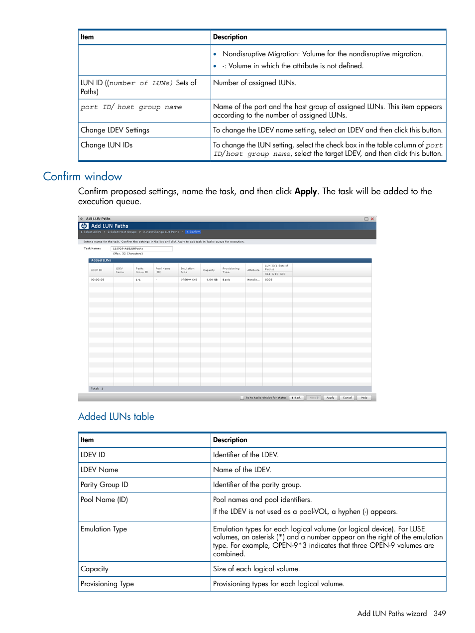 Confirm window, Added luns table | HP XP P9500 Storage User Manual | Page 349 / 411