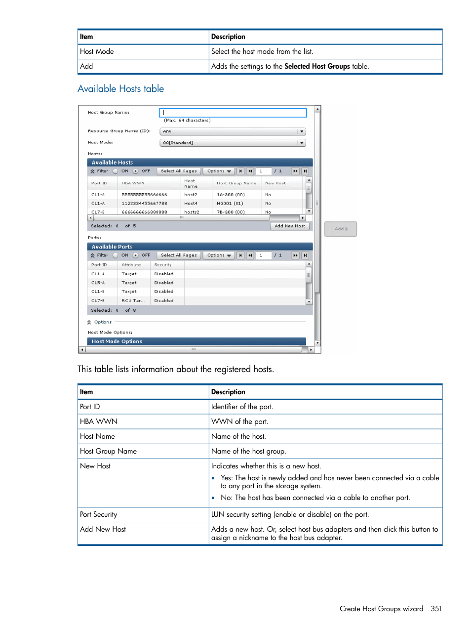 Available hosts table | HP XP P9500 Storage User Manual | Page 351 / 411