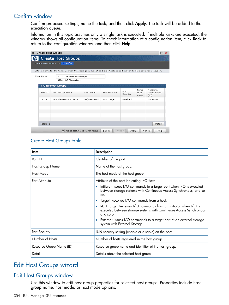 Confirm window, Edit host groups wizard, Edit host groups window | Create host groups table | HP XP P9500 Storage User Manual | Page 354 / 411