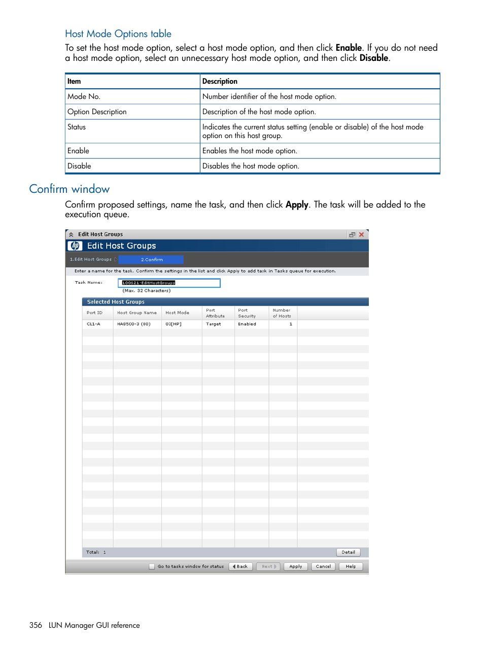 Confirm window, Host mode options table | HP XP P9500 Storage User Manual | Page 356 / 411