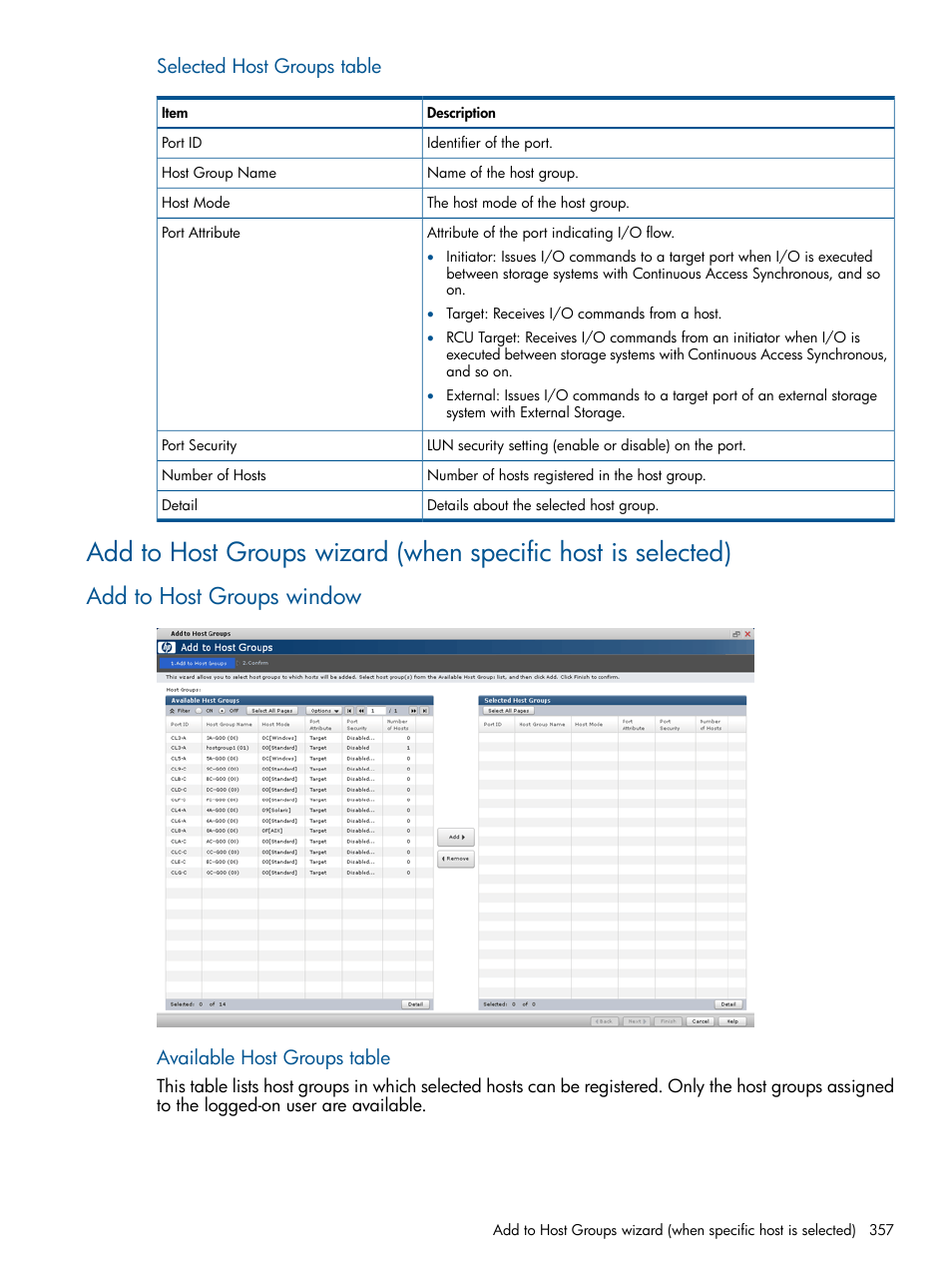 Add to host groups window, Selected host groups table, Available host groups table | HP XP P9500 Storage User Manual | Page 357 / 411