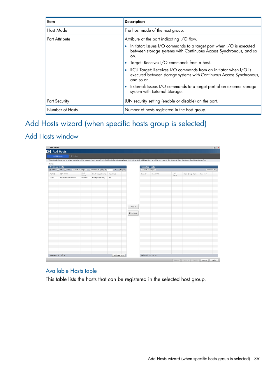Add hosts window, Available hosts table | HP XP P9500 Storage User Manual | Page 361 / 411