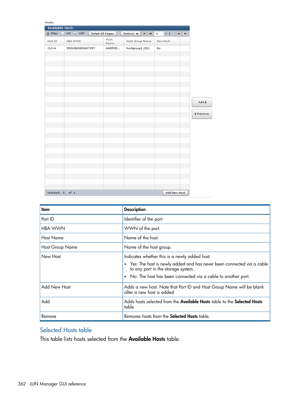 Selected hosts table | HP XP P9500 Storage User Manual | Page 362 / 411