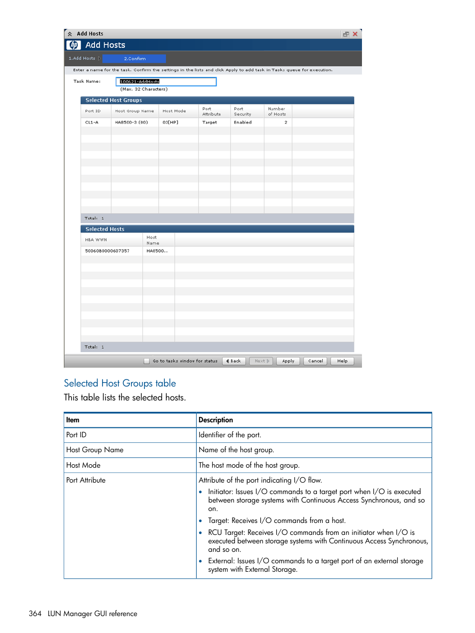 Selected host groups table | HP XP P9500 Storage User Manual | Page 364 / 411