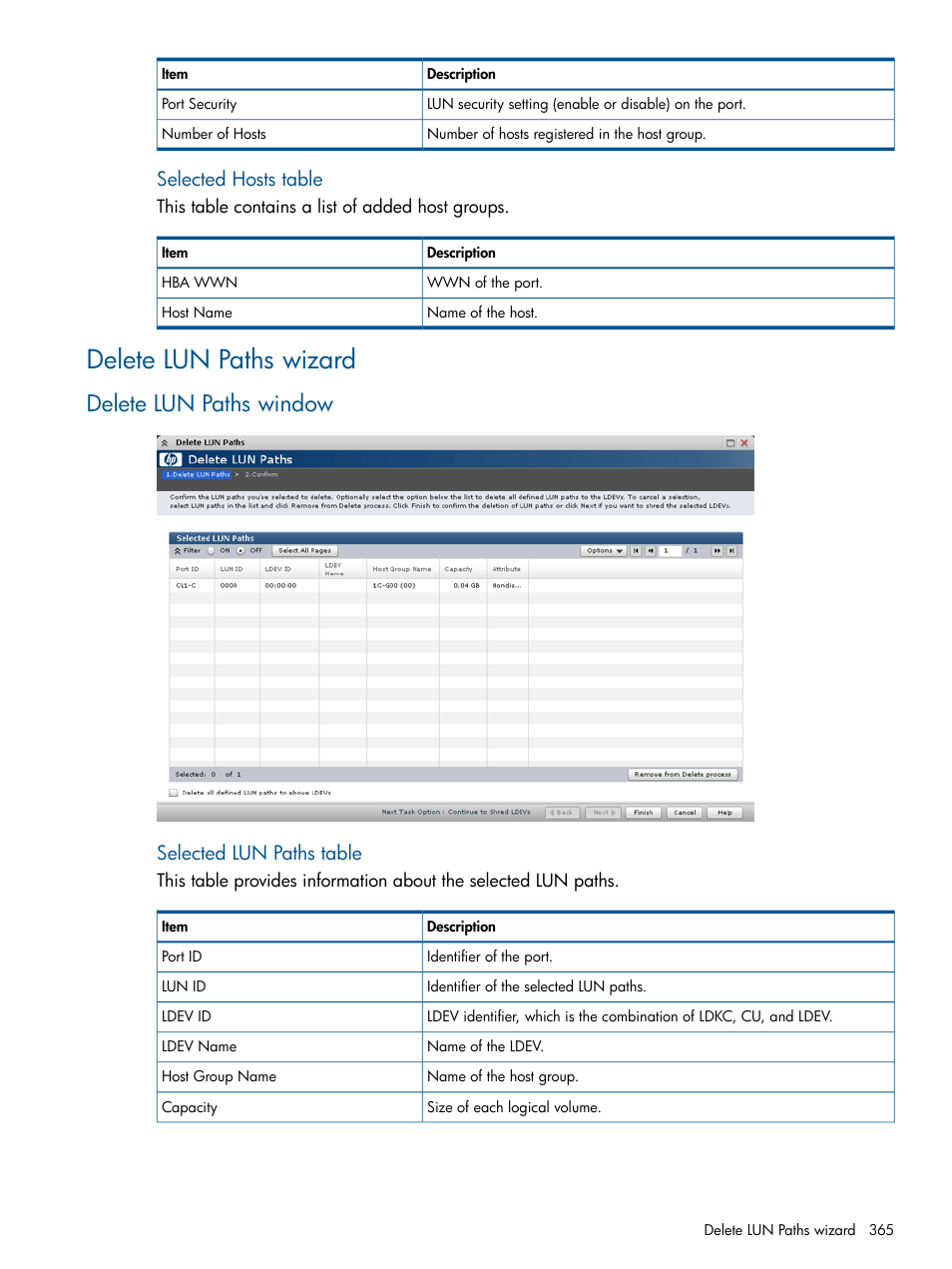 Delete lun paths wizard, Delete lun paths window, Selected hosts table | Selected lun paths table | HP XP P9500 Storage User Manual | Page 365 / 411