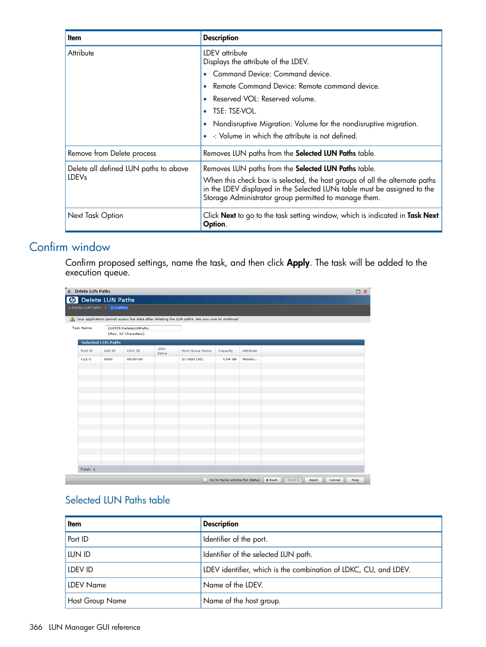 Confirm window, Selected lun paths table | HP XP P9500 Storage User Manual | Page 366 / 411