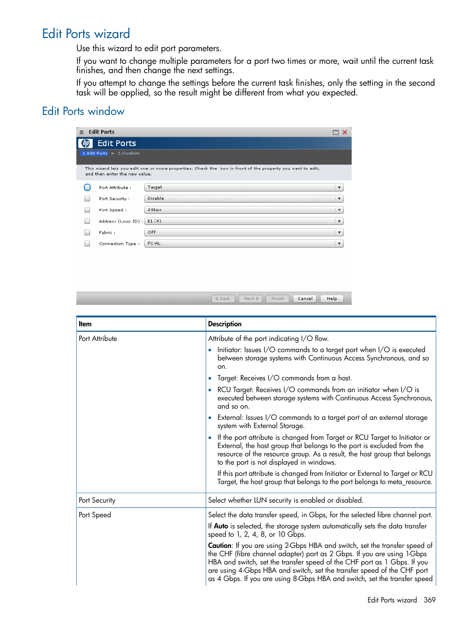 Edit ports wizard, Edit ports window | HP XP P9500 Storage User Manual | Page 369 / 411