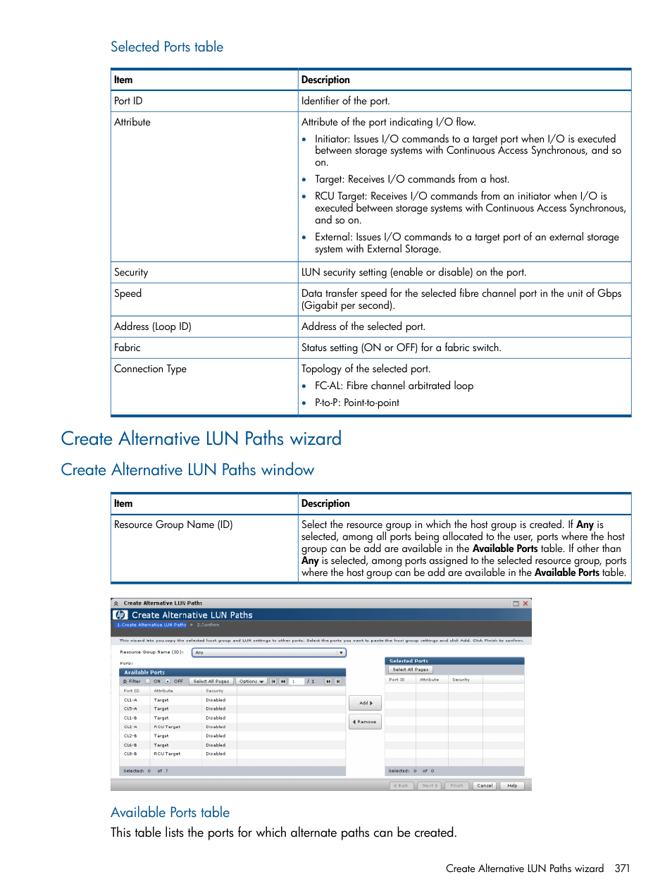 Create alternative lun paths wizard, Create alternative lun paths window, Selected ports table | Available ports table | HP XP P9500 Storage User Manual | Page 371 / 411