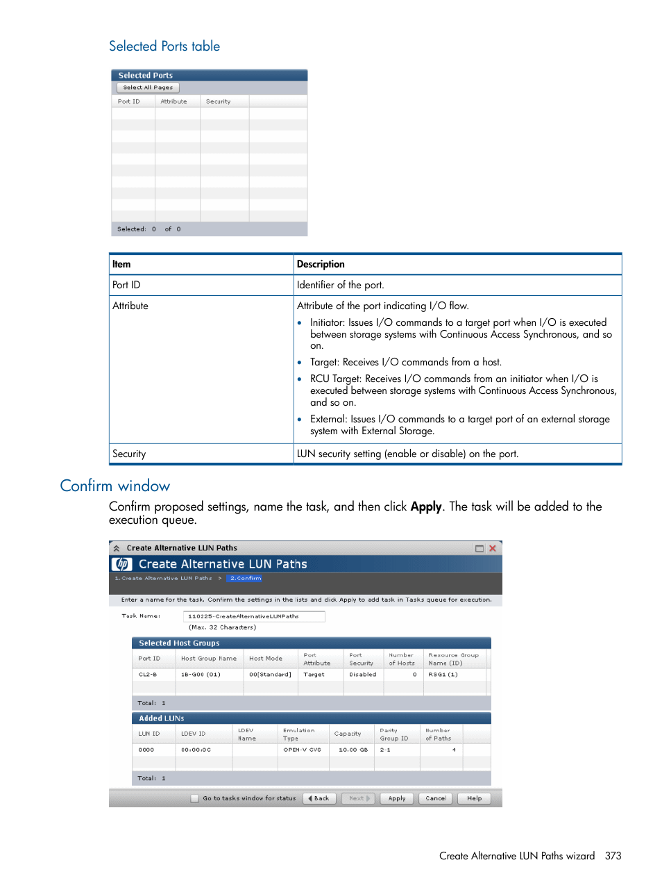 Confirm window, Selected ports table | HP XP P9500 Storage User Manual | Page 373 / 411