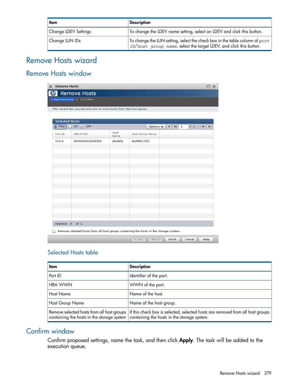 Remove hosts wizard, Remove hosts window, Confirm window | Remove hosts window confirm window, Selected hosts table | HP XP P9500 Storage User Manual | Page 379 / 411