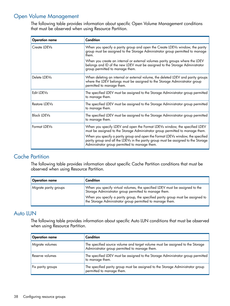 Open volume management, Cache partition, Auto lun | Open volume management cache partition auto lun | HP XP P9500 Storage User Manual | Page 38 / 411