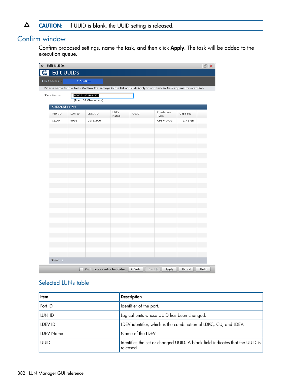 Confirm window, Selected luns table | HP XP P9500 Storage User Manual | Page 382 / 411