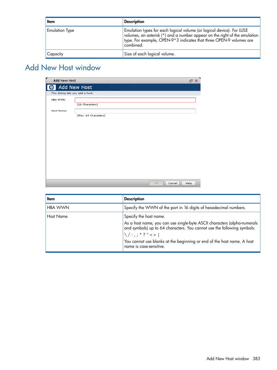 Add new host window | HP XP P9500 Storage User Manual | Page 383 / 411