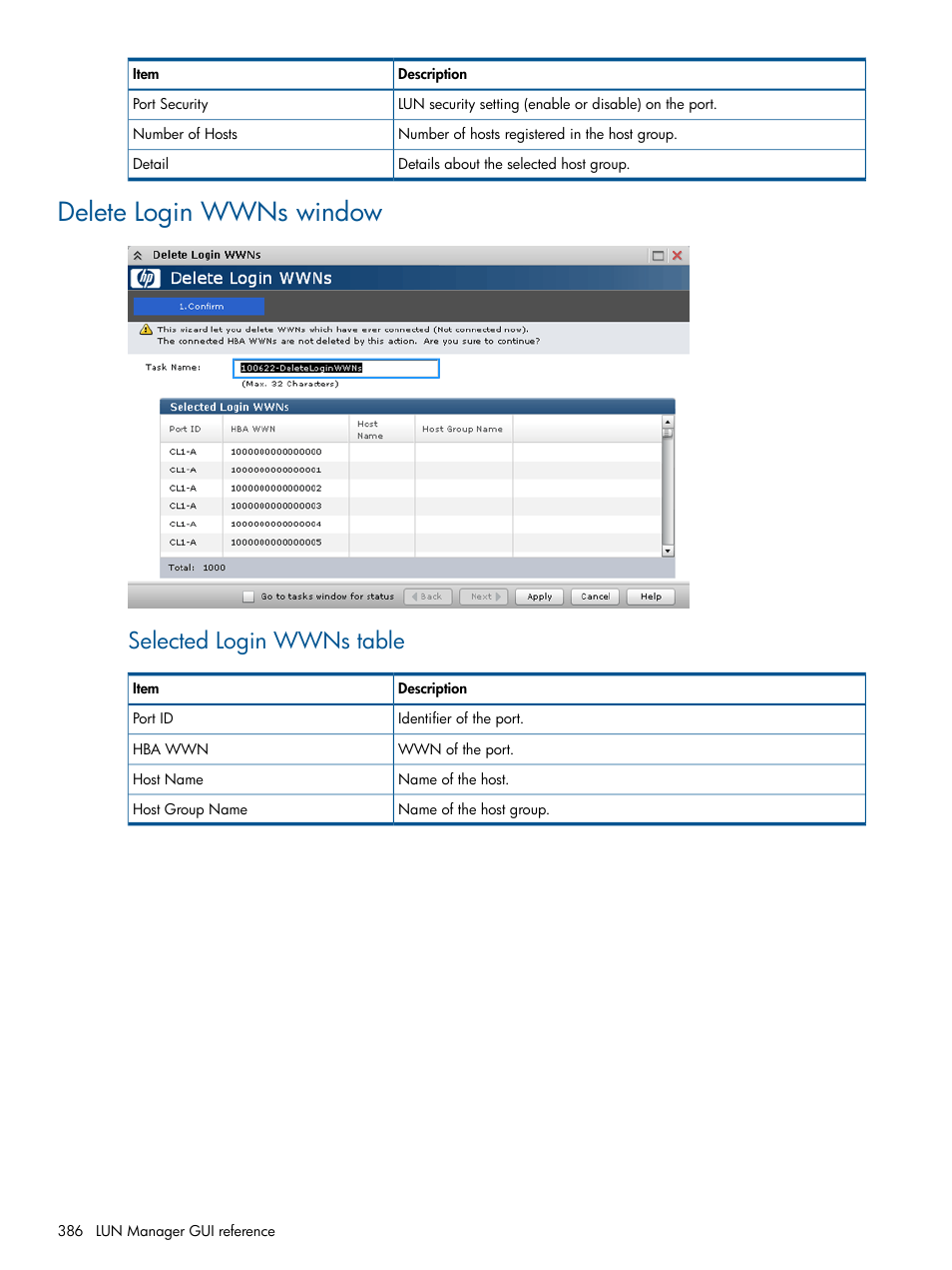 Delete login wwns window, Selected login wwns table | HP XP P9500 Storage User Manual | Page 386 / 411