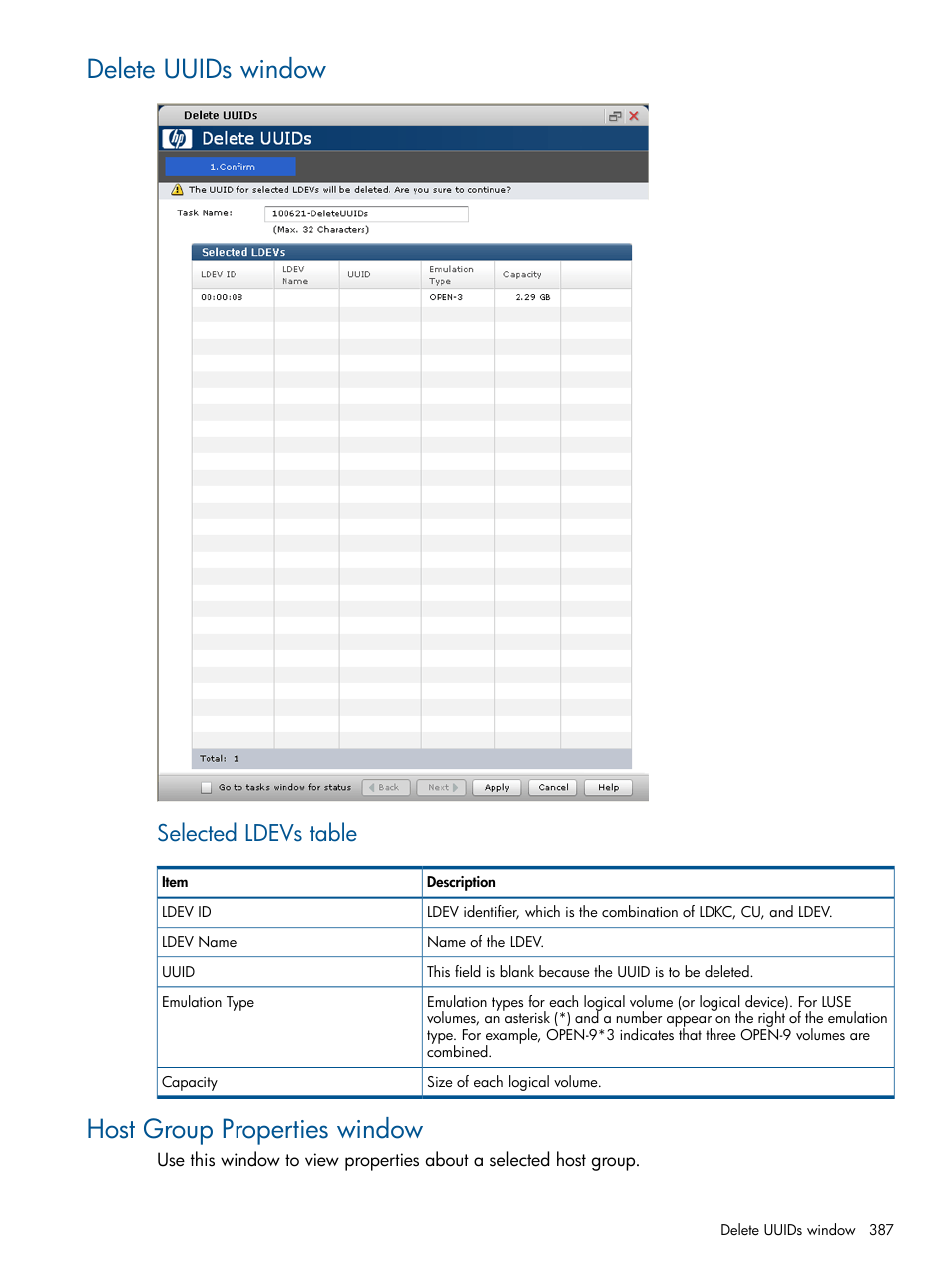 Delete uuids window, Host group properties window, Delete uuids window host group properties window | Selected ldevs table | HP XP P9500 Storage User Manual | Page 387 / 411