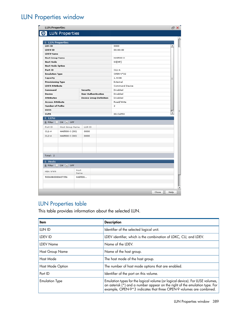 Lun properties window, Lun properties table | HP XP P9500 Storage User Manual | Page 389 / 411