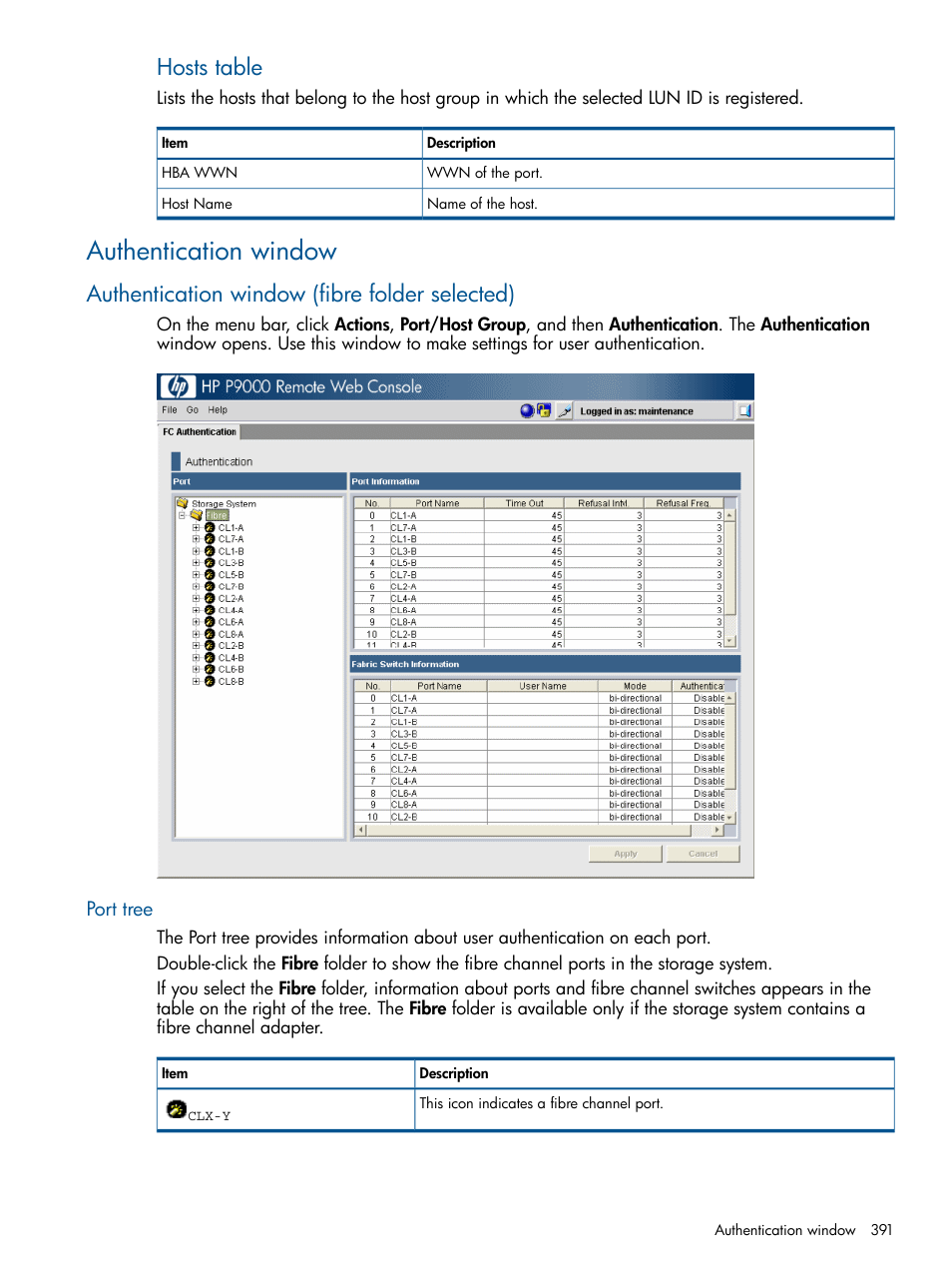 Authentication window, Authentication window (fibre folder selected), Port tree | Hosts table | HP XP P9500 Storage User Manual | Page 391 / 411