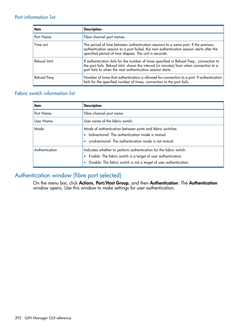 Port information list, Fabric switch information list, Authentication window (fibre port selected) | HP XP P9500 Storage User Manual | Page 392 / 411