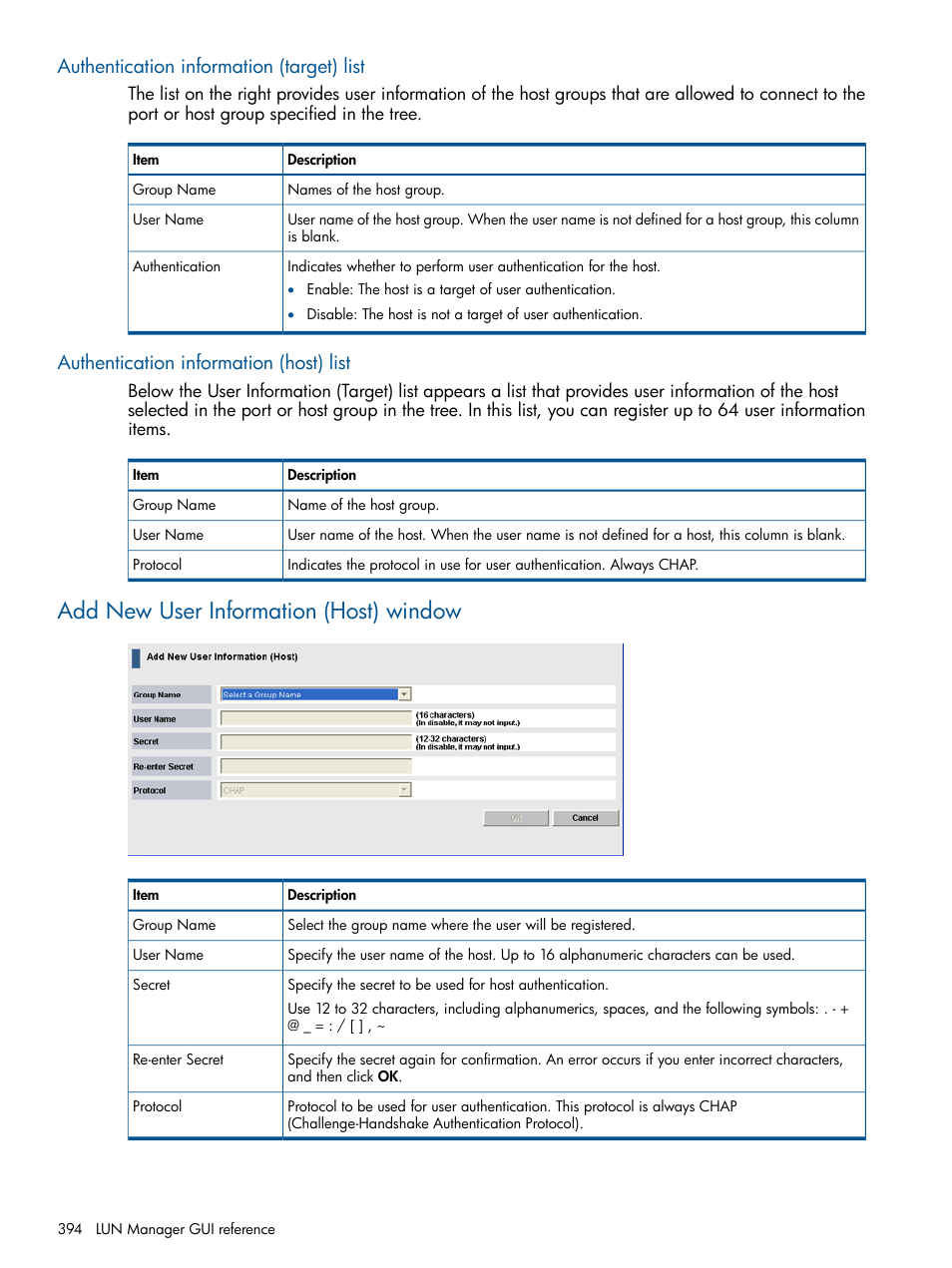 Authentication information (target) list, Authentication information (host) list, Add new user information (host) window | HP XP P9500 Storage User Manual | Page 394 / 411