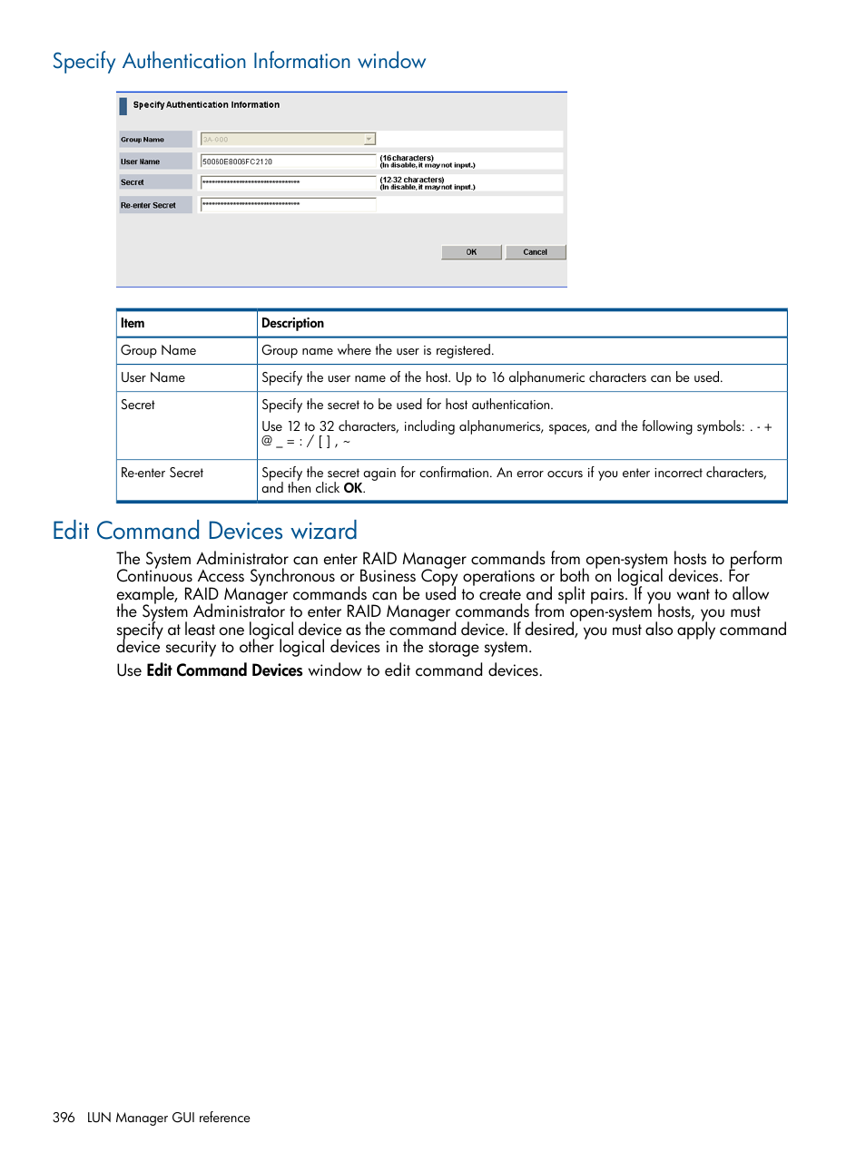 Specify authentication information window, Edit command devices wizard | HP XP P9500 Storage User Manual | Page 396 / 411