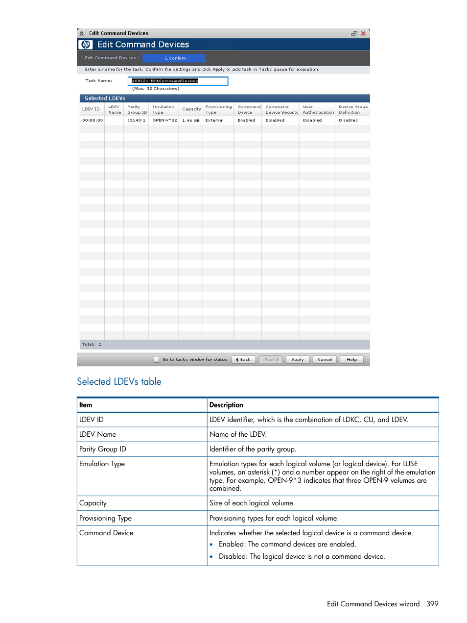 Selected ldevs table | HP XP P9500 Storage User Manual | Page 399 / 411