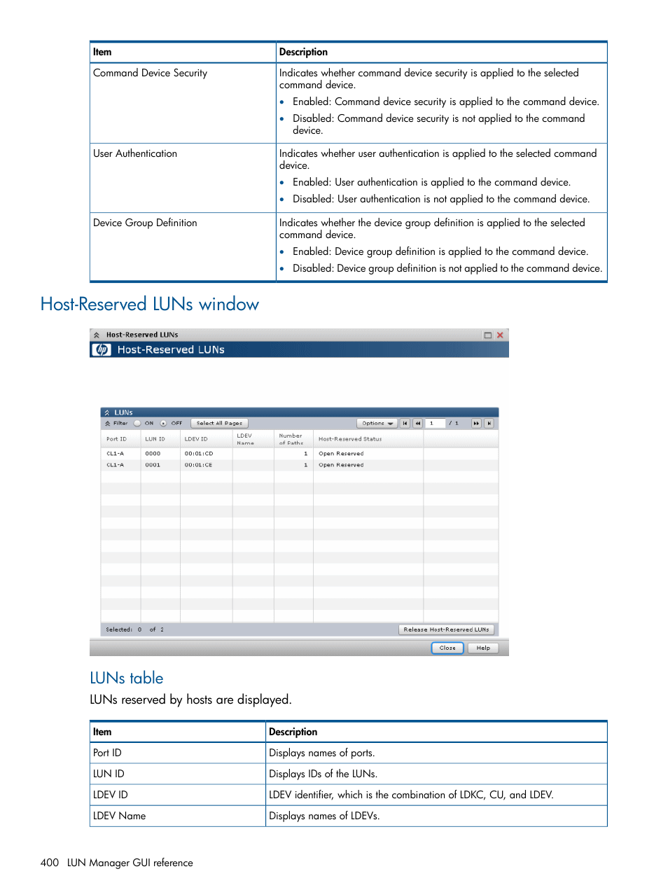 Host-reserved luns window, Luns table | HP XP P9500 Storage User Manual | Page 400 / 411