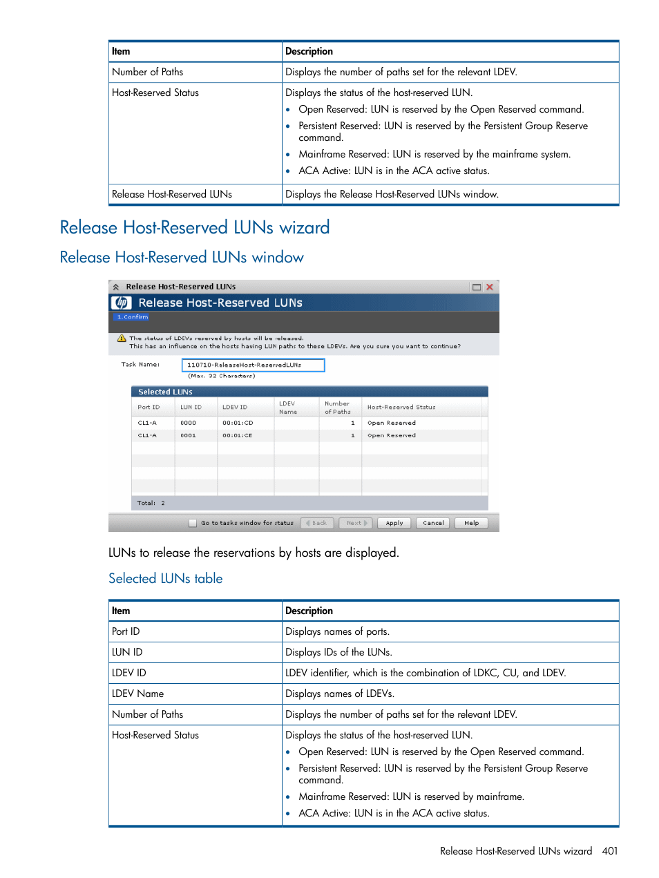 Release host-reserved luns wizard, Release host-reserved luns window, Selected luns table | HP XP P9500 Storage User Manual | Page 401 / 411