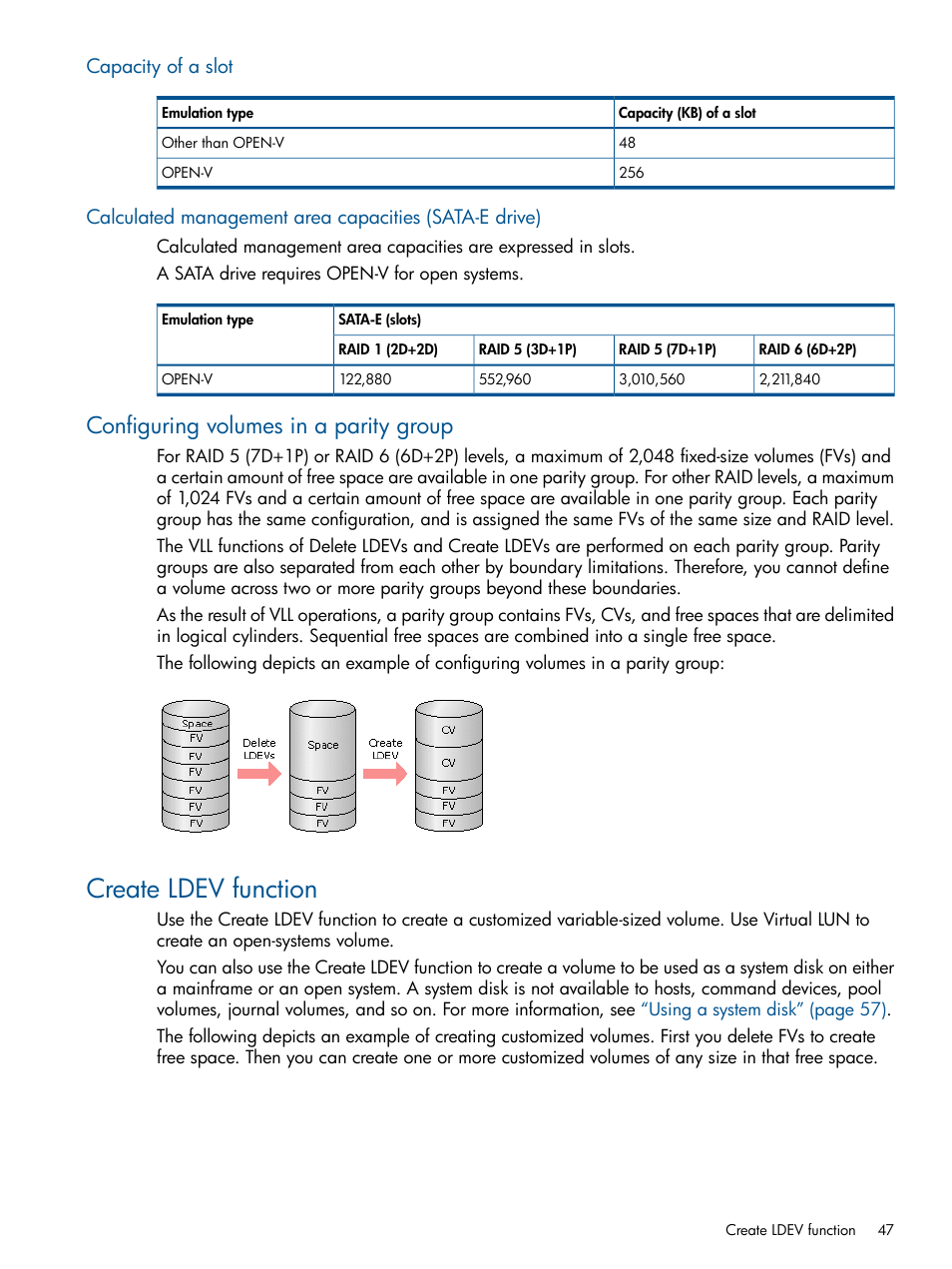 Capacity of a slot, Configuring volumes in a parity group, Create ldev function | Capacity of a | HP XP P9500 Storage User Manual | Page 47 / 411