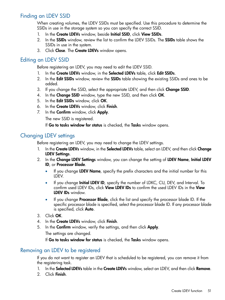 Finding an ldev ssid, Editing an ldev ssid, Changing ldev settings | Removing an ldev to be registered | HP XP P9500 Storage User Manual | Page 51 / 411