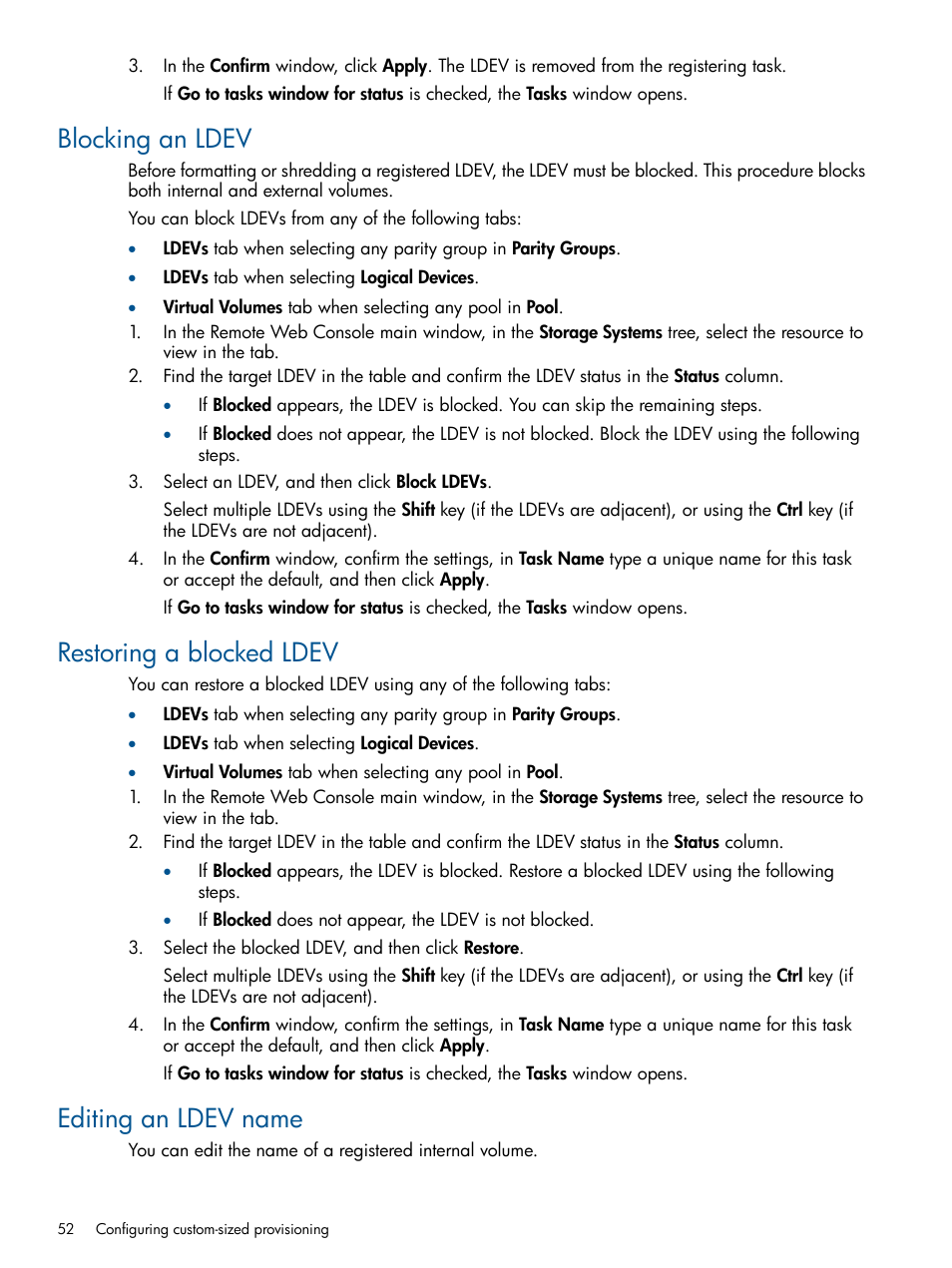 Blocking an ldev, Restoring a blocked ldev, Editing an ldev name | HP XP P9500 Storage User Manual | Page 52 / 411