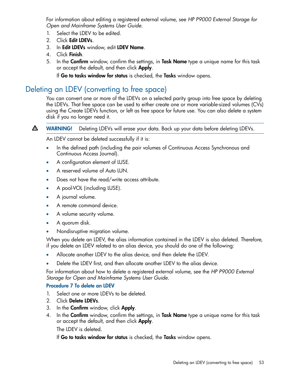 Deleting an ldev (converting to free space) | HP XP P9500 Storage User Manual | Page 53 / 411