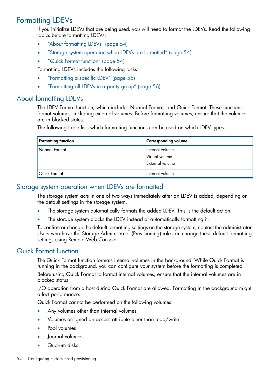 Formatting ldevs, About formatting ldevs, Storage system operation when ldevs are formatted | Quick format function | HP XP P9500 Storage User Manual | Page 54 / 411