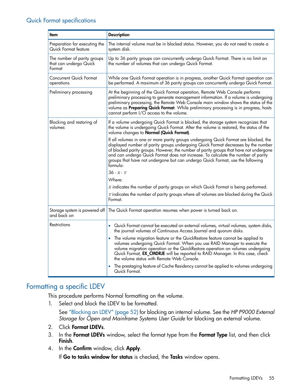Quick format specifications, Formatting a specific ldev | HP XP P9500 Storage User Manual | Page 55 / 411