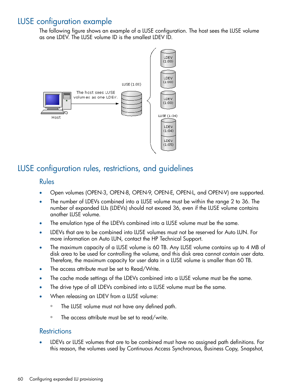 Luse configuration example, Rules, Restrictions | HP XP P9500 Storage User Manual | Page 60 / 411