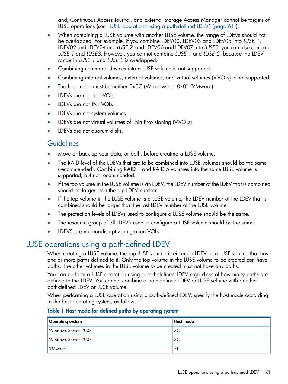 Luse operations using a path-defined ldev, Guidelines | HP XP P9500 Storage User Manual | Page 61 / 411