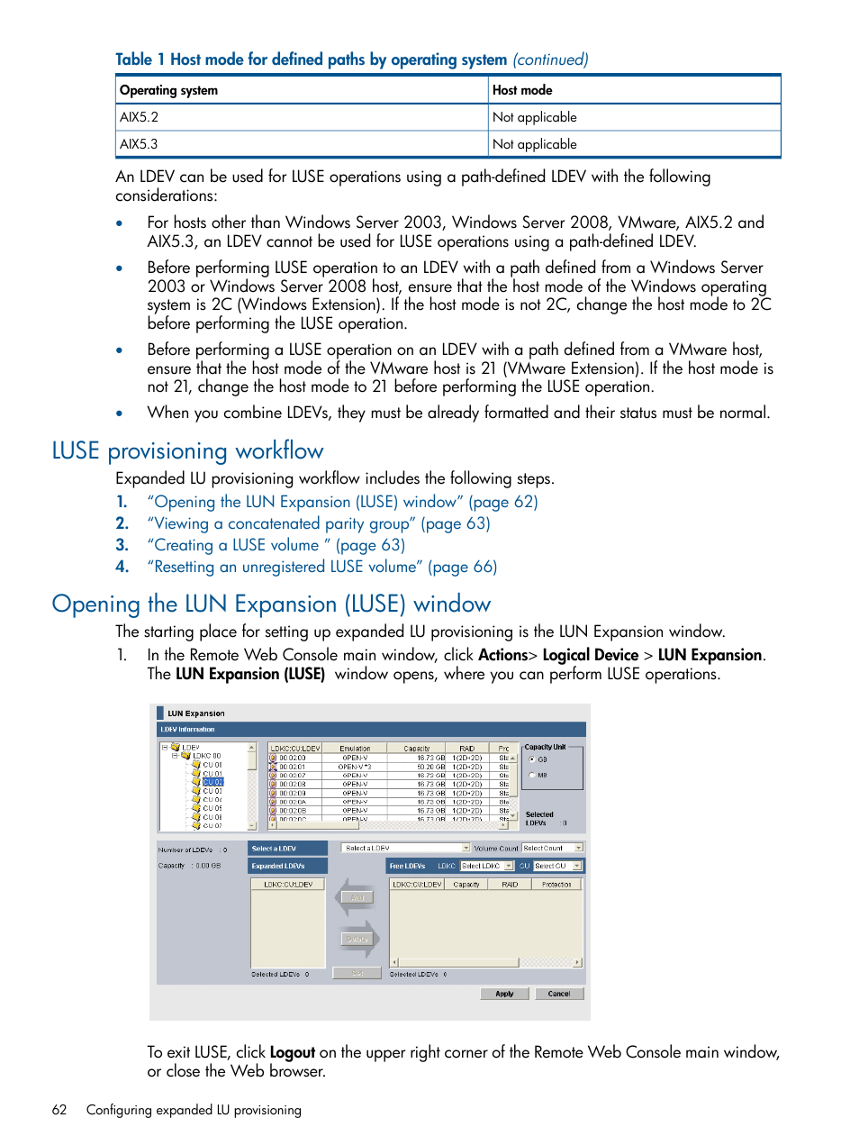 Luse provisioning workflow, Opening the lun expansion (luse) window | HP XP P9500 Storage User Manual | Page 62 / 411