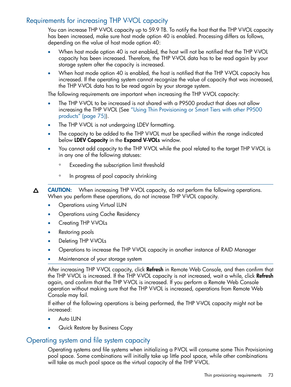 Requirements for increasing thp v-vol capacity, Operating system and file system capacity | HP XP P9500 Storage User Manual | Page 73 / 411