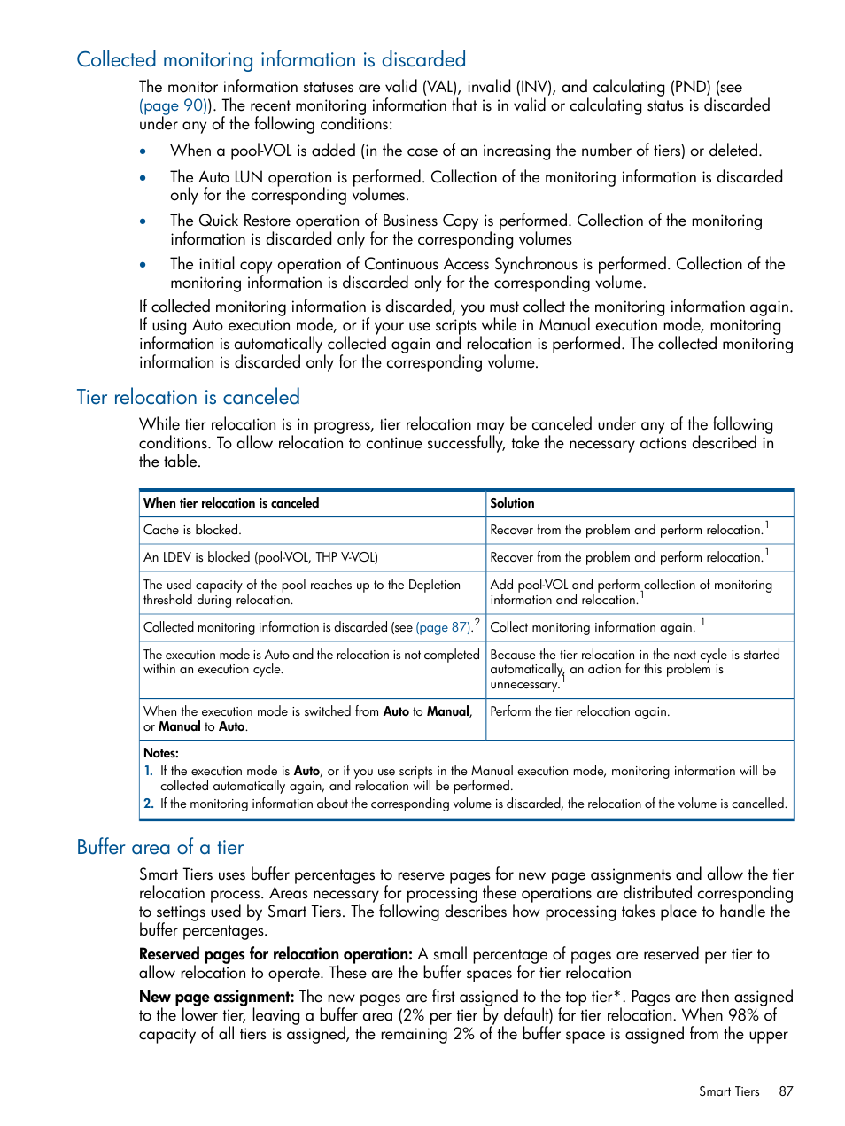 Collected monitoring information is discarded, Tier relocation is canceled, Buffer area of a tier | HP XP P9500 Storage User Manual | Page 87 / 411