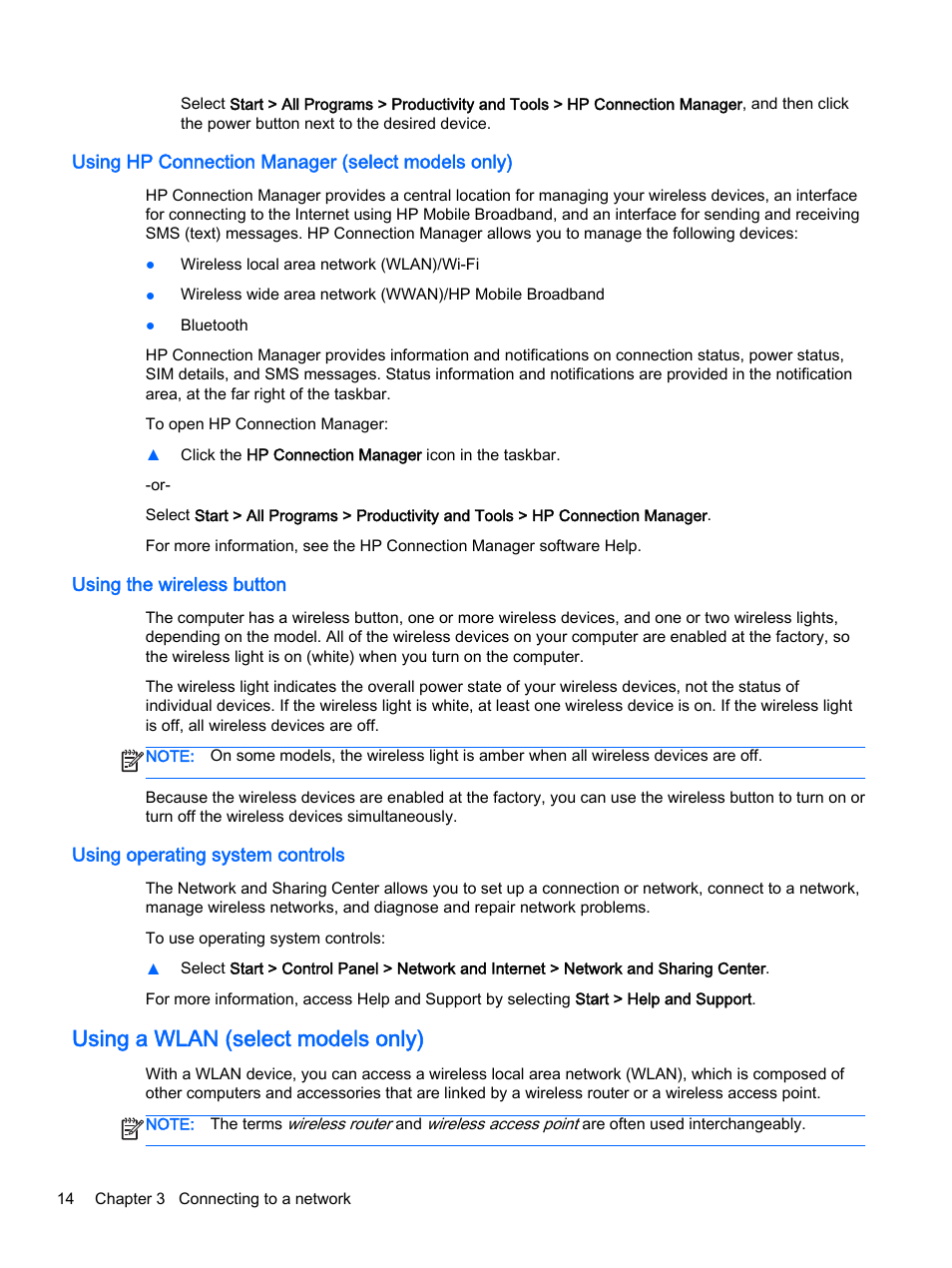 Using hp connection manager (select models only), Using the wireless button, Using operating system controls | Using a wlan (select models only) | HP EliteBook Folio 1040 G1 Notebook PC User Manual | Page 24 / 90