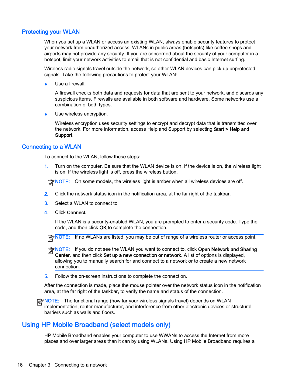 Protecting your wlan, Connecting to a wlan, Using hp mobile broadband (select models only) | Protecting your wlan connecting to a wlan | HP EliteBook Folio 1040 G1 Notebook PC User Manual | Page 26 / 90