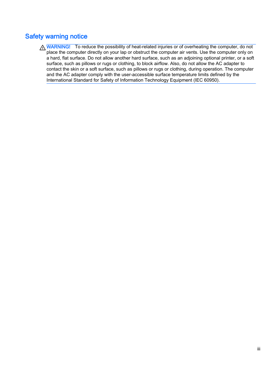 Safety warning notice | HP EliteBook Folio 1040 G1 Notebook PC User Manual | Page 3 / 90