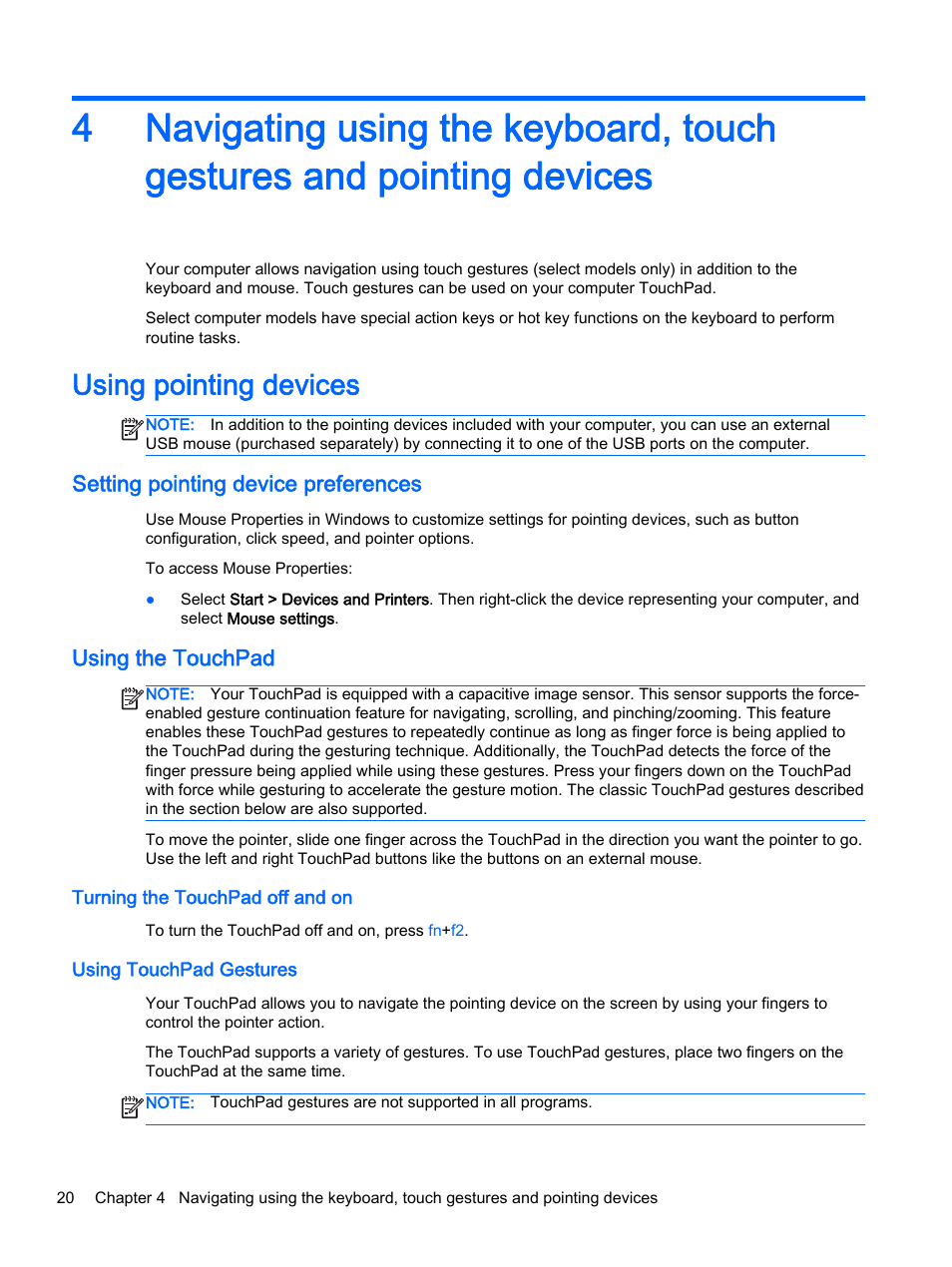 Using pointing devices, Setting pointing device preferences, Using the touchpad | Turning the touchpad off and on, Using touchpad gestures, For additiona | HP EliteBook Folio 1040 G1 Notebook PC User Manual | Page 30 / 90
