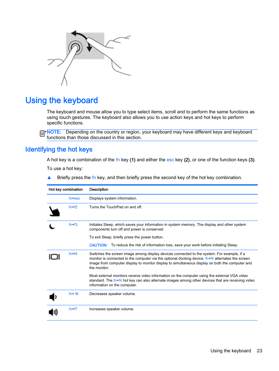 Using the keyboard, Identifying the hot keys | HP EliteBook Folio 1040 G1 Notebook PC User Manual | Page 33 / 90