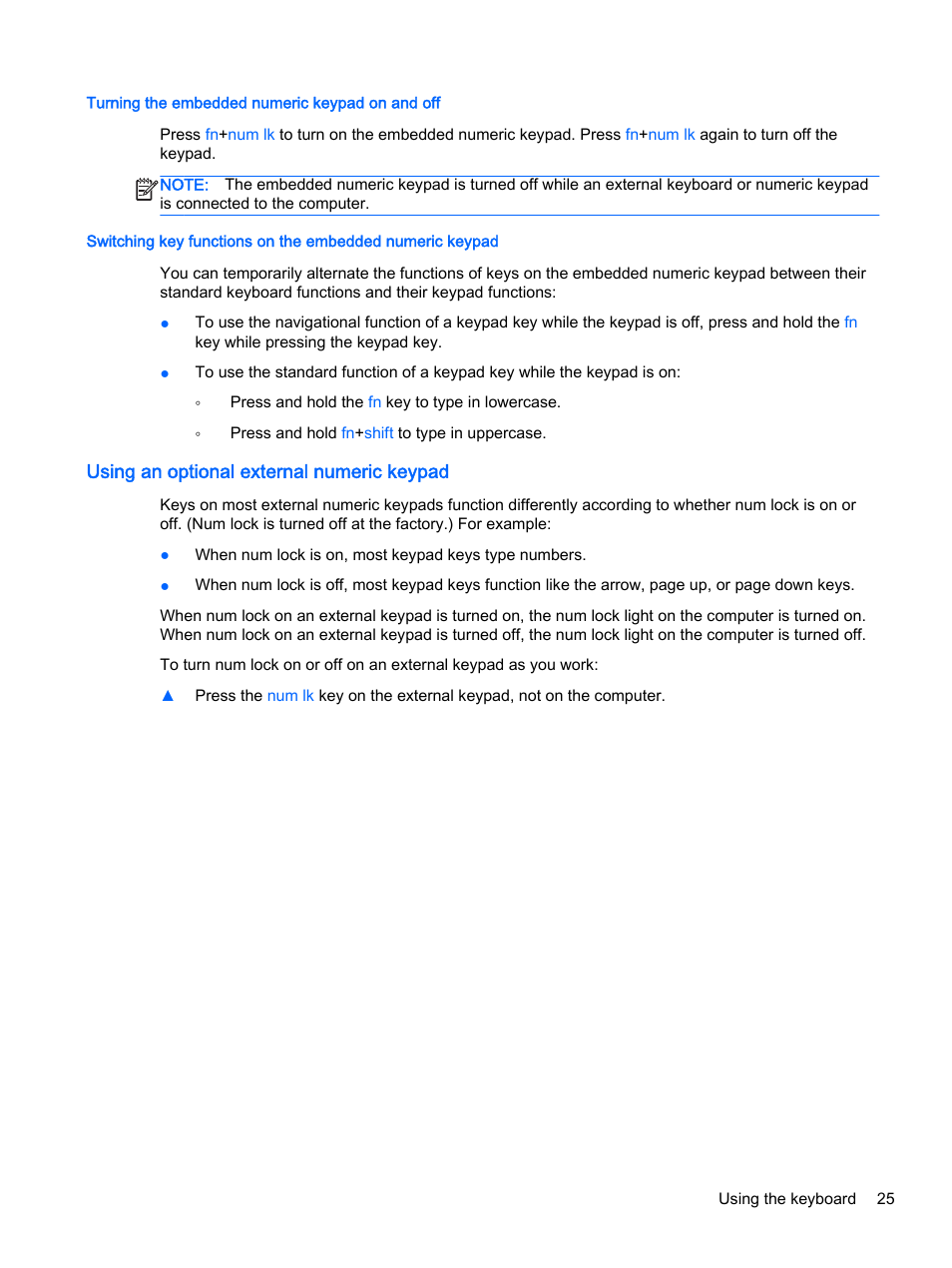 Turning the embedded numeric keypad on and off, Using an optional external numeric keypad | HP EliteBook Folio 1040 G1 Notebook PC User Manual | Page 35 / 90