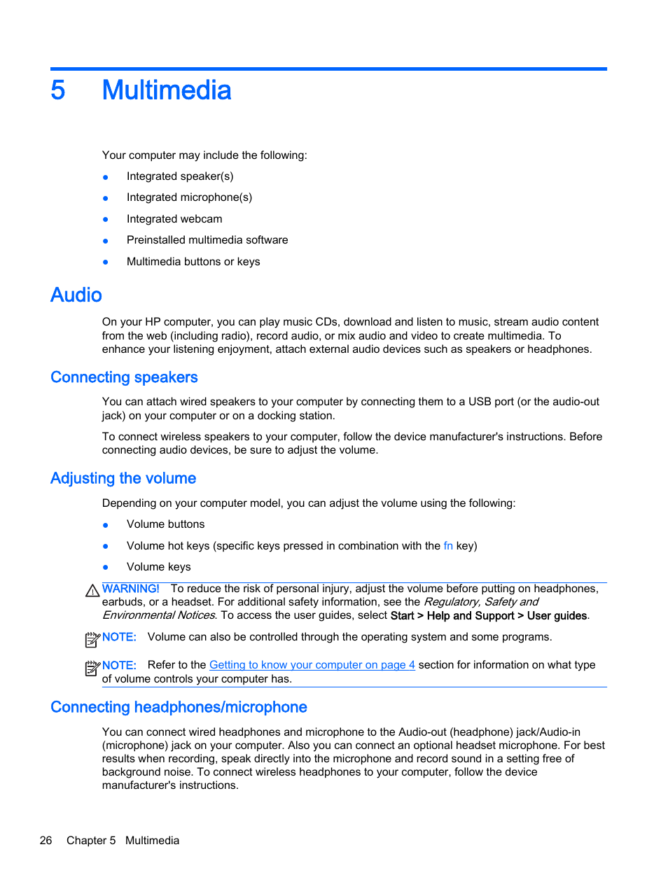 Multimedia, Audio, Connecting speakers | Adjusting the volume, Connecting headphones/microphone, 5 multimedia, 5multimedia | HP EliteBook Folio 1040 G1 Notebook PC User Manual | Page 36 / 90