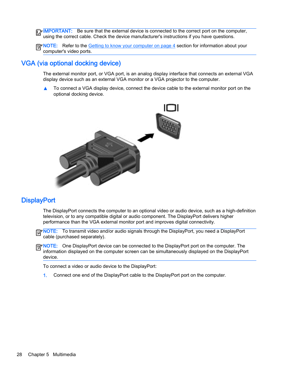 Vga (via optional docking device), Displayport, Vga (via optional docking device) displayport | HP EliteBook Folio 1040 G1 Notebook PC User Manual | Page 38 / 90